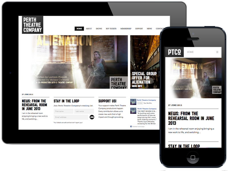 Perth Theatre Company responsive website - Home page on tablet and mobile devices